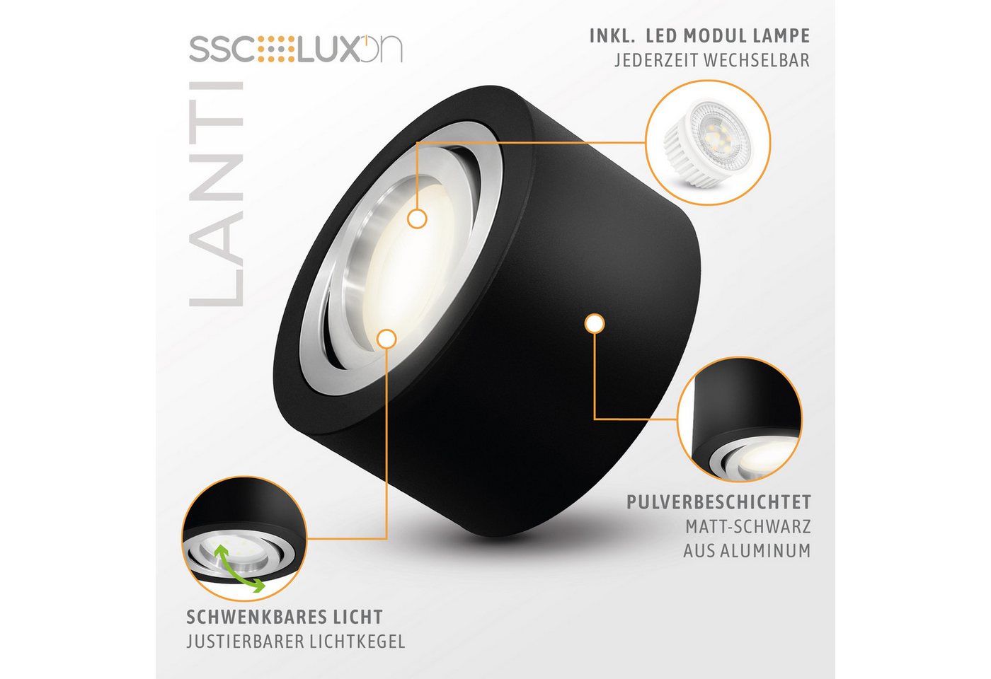 SSC-LUXon LED Aufbaustrahler LANTI Deckenspot rund schwarz schwenkbar mit LED Lampe 4W neutralweiß, Neutralweiß Bild 5