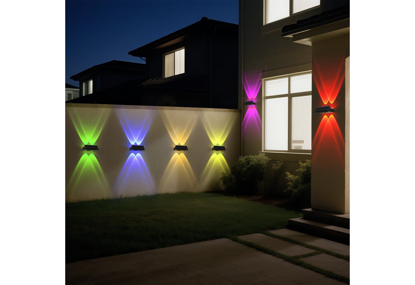 oyajia LED Außen-Wandleuchte 2/4 st Solar Wandleuchte Aussen, RGB Einstellbar Solarlampen für Außen, LED fest integriert, RGB, RGB 9 Farben Solarleuchte für Zaun Wand Terrasse Garten Balkon Deko Bild 2