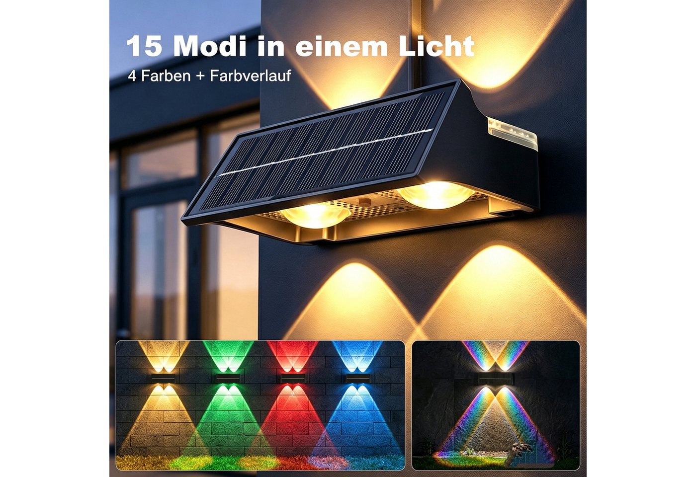 oyajia LED Außen-Wandleuchte 2/4 st Solar Wandleuchte Aussen, RGB Einstellbar Solarlampen für Außen, LED fest integriert, RGB, RGB 9 Farben Solarleuchte für Zaun Wand Terrasse Garten Balkon Deko Bild 4