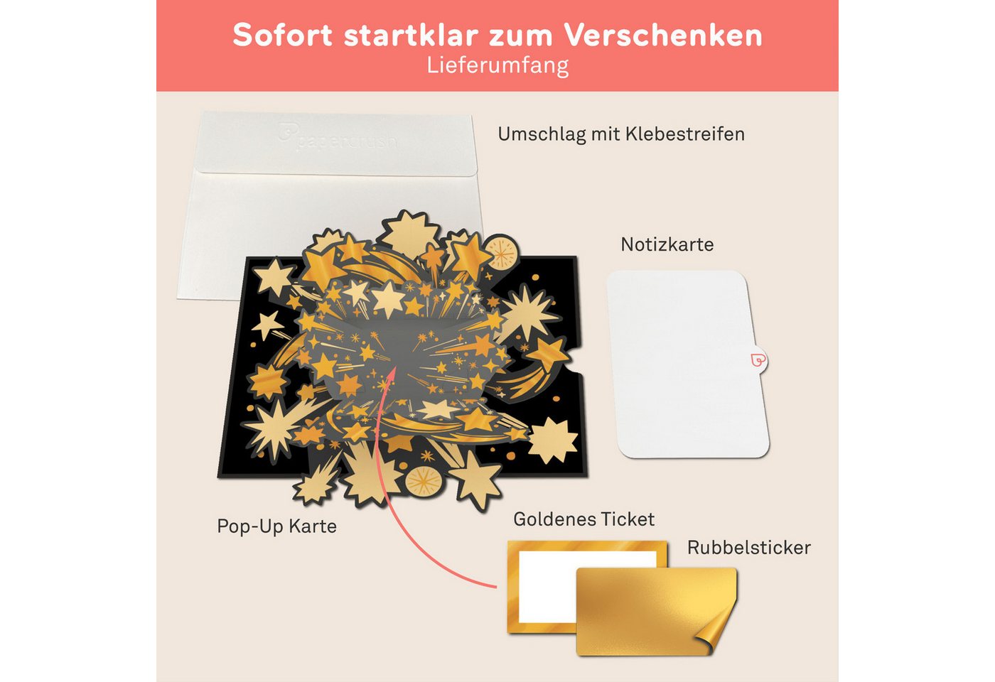 papercrush Geschenkkarte Goldenes Ticket Pop-Up Karte, Mit Rubbelsticker, Verschenkfertig, Handgemacht