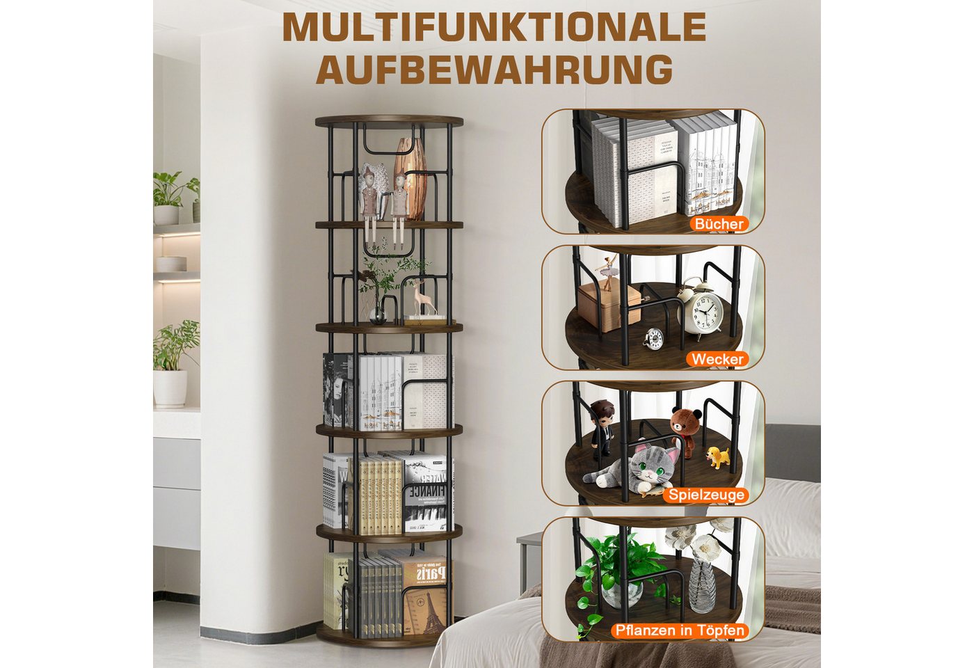 XIIW Bücherregal 5 Ebenen 360° Drehbares Regal 160x45x45cm Modern Standregal Büroregal, Offenen Fächern mit Buchstützen Drehregal, für Wohnzimmer, Schlafzimmer, Arbeitszimmer, Büro
