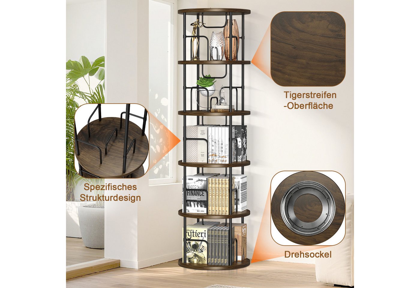 XIIW Bücherregal 5 Ebenen 360° Drehbares Regal 160x45x45cm Modern Standregal Büroregal, Offenen Fächern mit Buchstützen Drehregal, für Wohnzimmer, Schlafzimmer, Arbeitszimmer, Büro Bild 4