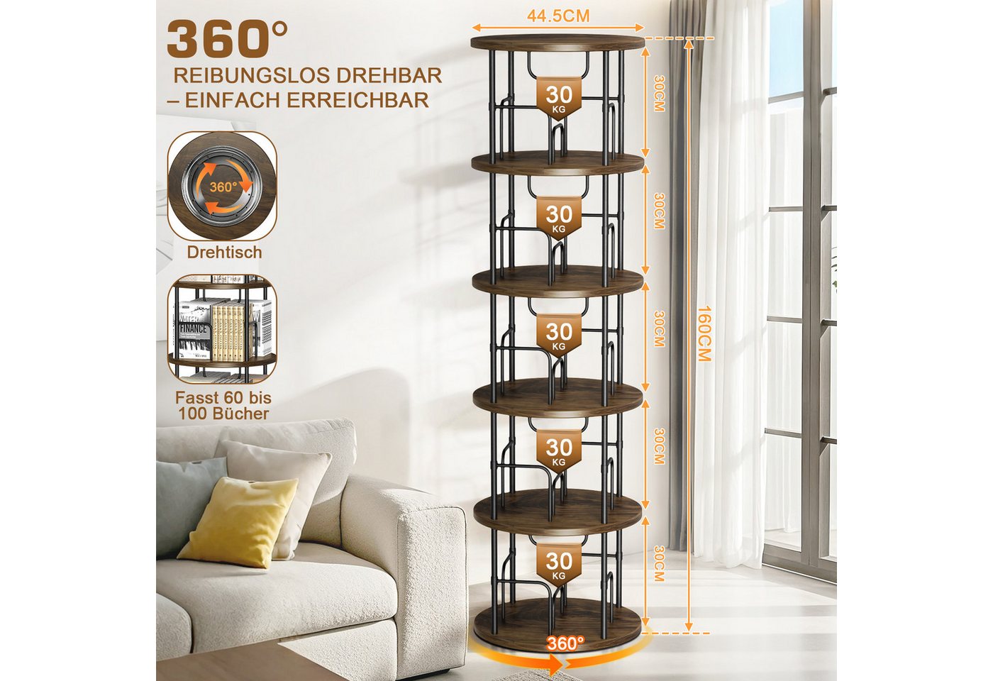 XIIW Bücherregal 5 Ebenen 360° Drehbares Regal 160x45x45cm Modern Standregal Büroregal, Offenen Fächern mit Buchstützen Drehregal, für Wohnzimmer, Schlafzimmer, Arbeitszimmer, Büro Bild 5