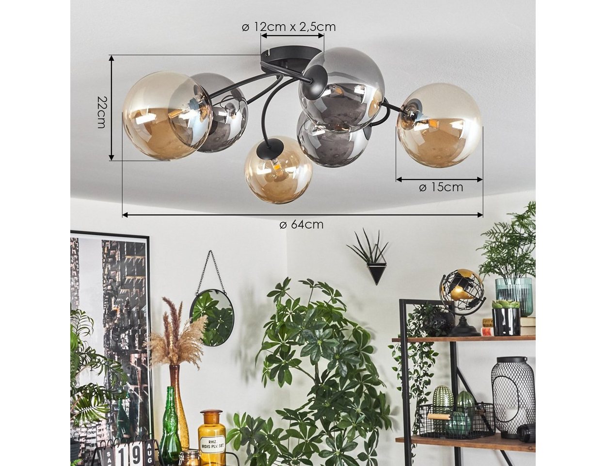 hofstein Deckenleuchte Deckenlampe aus Metall/Glas in Schwarz/Rauchfarben/Bernsteinfarben, ohne Leuchtmittel, Leuchte im Retro-Design aus Glas, 6 x G9 LED, ohne Leuchtmittel