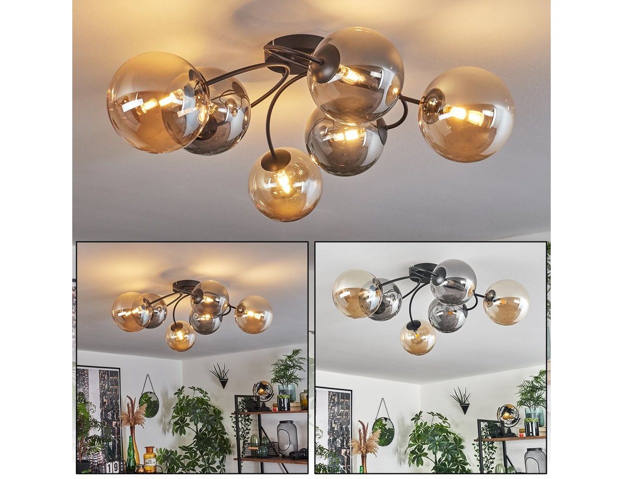hofstein Deckenleuchte Deckenlampe aus Metall/Glas in Schwarz/Rauchfarben/Bernsteinfarben, ohne Leuchtmittel, Leuchte im Retro-Design aus Glas, 6 x G9 LED, ohne Leuchtmittel Bild 2