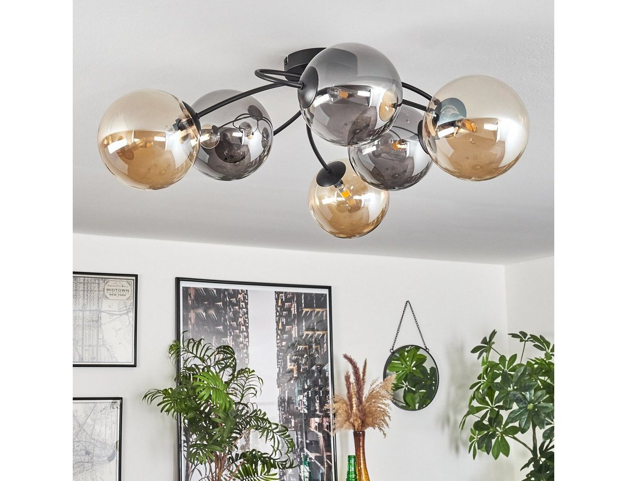 hofstein Deckenleuchte Deckenlampe aus Metall/Glas in Schwarz/Rauchfarben/Bernsteinfarben, ohne Leuchtmittel, Leuchte im Retro-Design aus Glas, 6 x G9 LED, ohne Leuchtmittel Bild 5