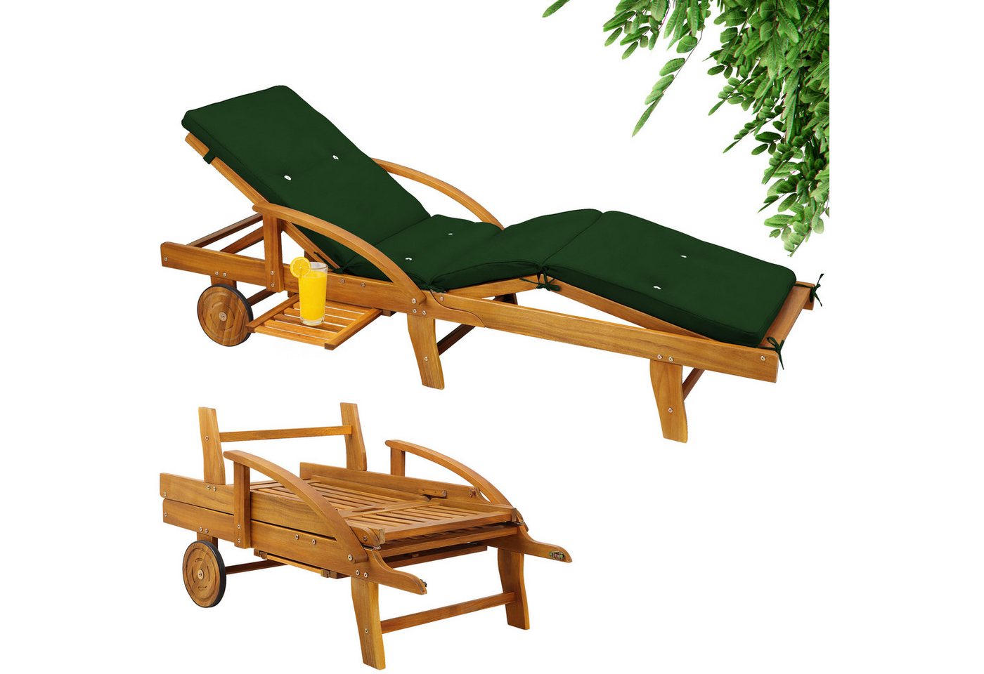 Casaria Gartenliege, Auflage Grün 320kg Belastbar Klappbar Räder Ablage Akazie Garten