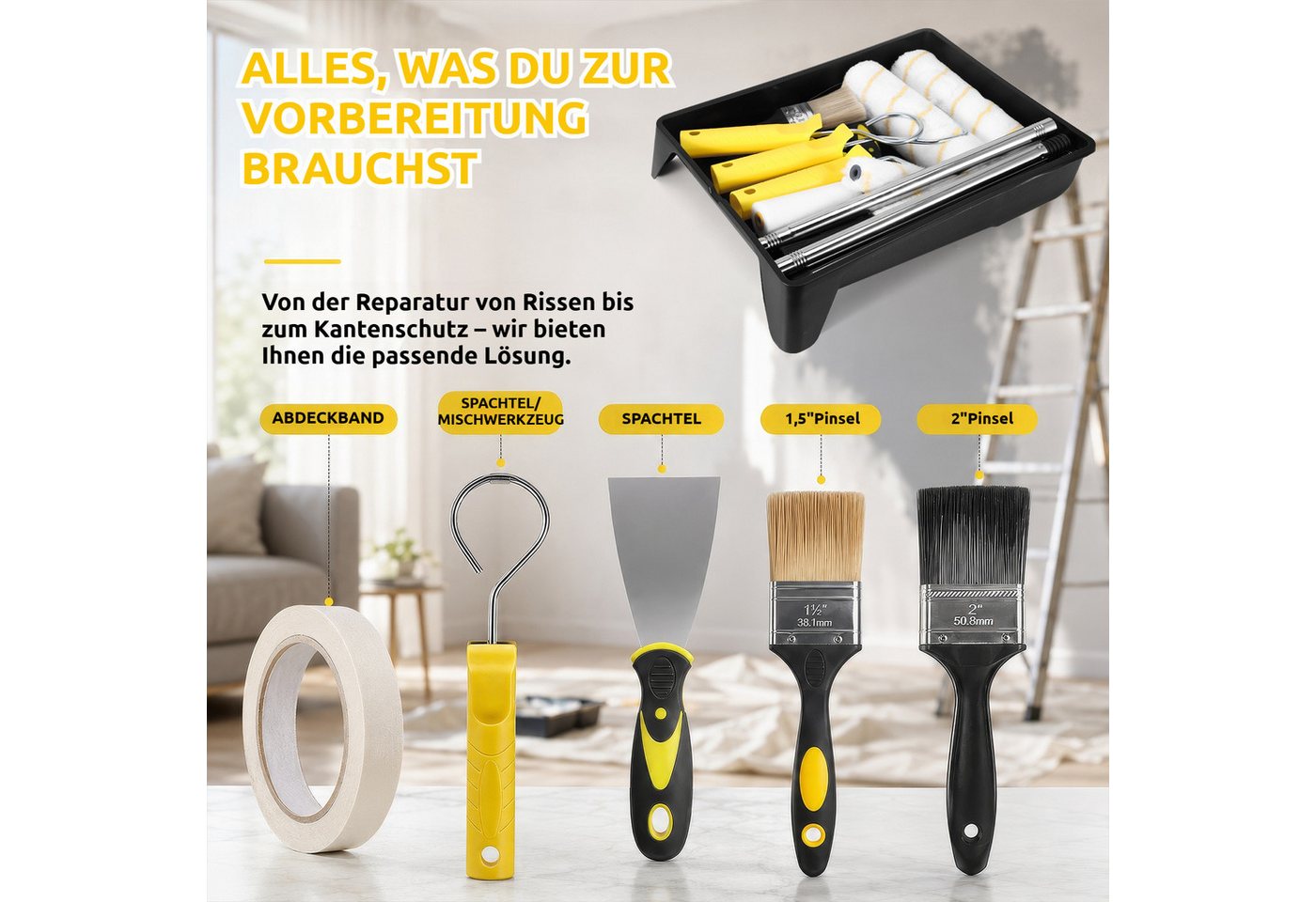 BlingBin Farbroller 21-teiliges Farbroller-Set mit 150 cm Teleskopstange, Rollen, Pinsel (21er Set, 21-St., 21-teiliges Farbroller-Set), und Schaber für Wände, Decken, Türen