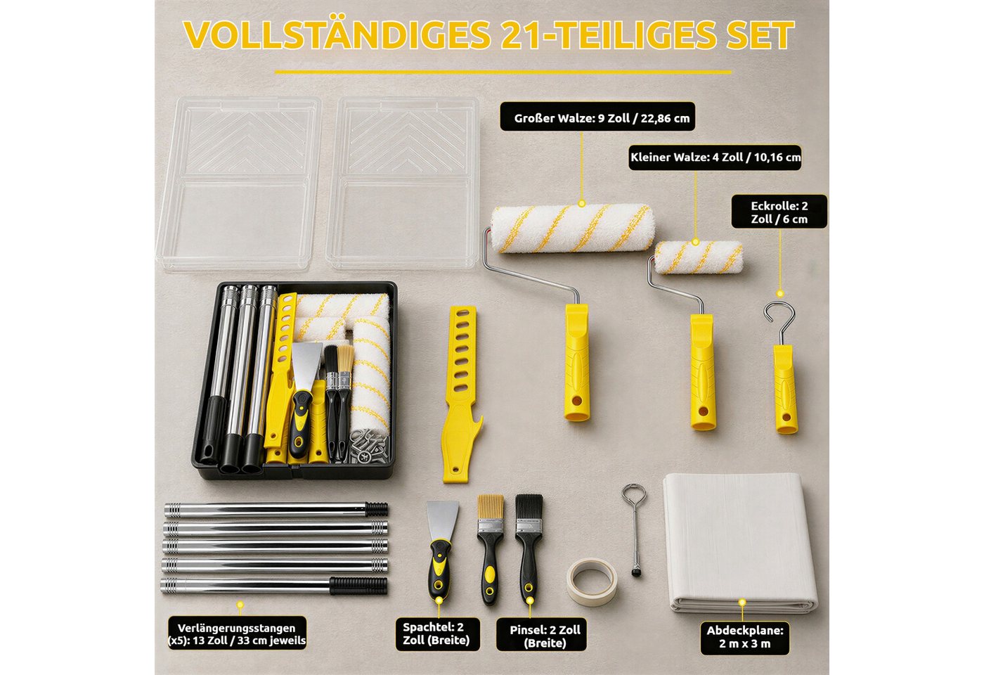 BlingBin Farbroller 21-teiliges Farbroller-Set mit 150 cm Teleskopstange, Rollen, Pinsel (21er Set, 21-St., 21-teiliges Farbroller-Set), und Schaber für Wände, Decken, Türen Bild 3