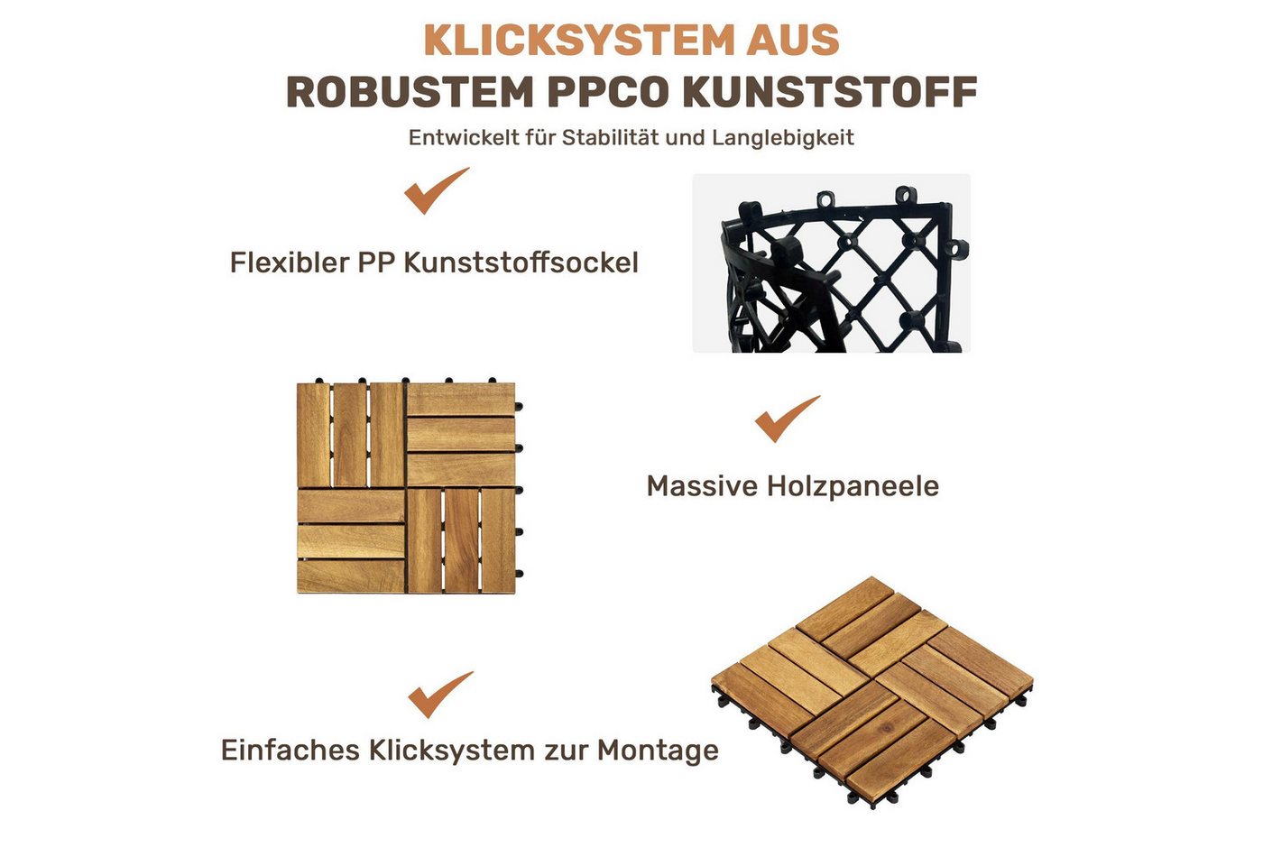 BBG Terrassendielen Akazienholz-Klickfliesen 30 × 30 cm im Schachbrettmuster, 2,88 m², BxL: je 30x30 cm, 20 mm Stärke, (32-St), Wetterfeste Holzfliesen mit Klicksystem Bild 3