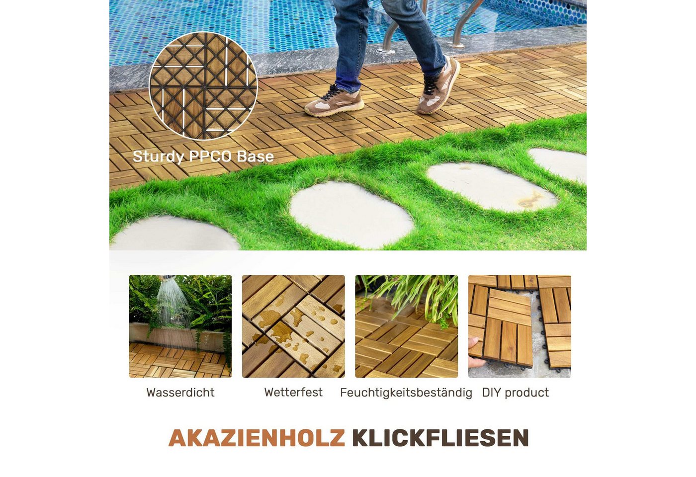 BBG Terrassendielen Akazienholz-Klickfliesen 30 × 30 cm im Schachbrettmuster, 2,88 m², BxL: je 30x30 cm, 20 mm Stärke, (32-St), Wetterfeste Holzfliesen mit Klicksystem Bild 5