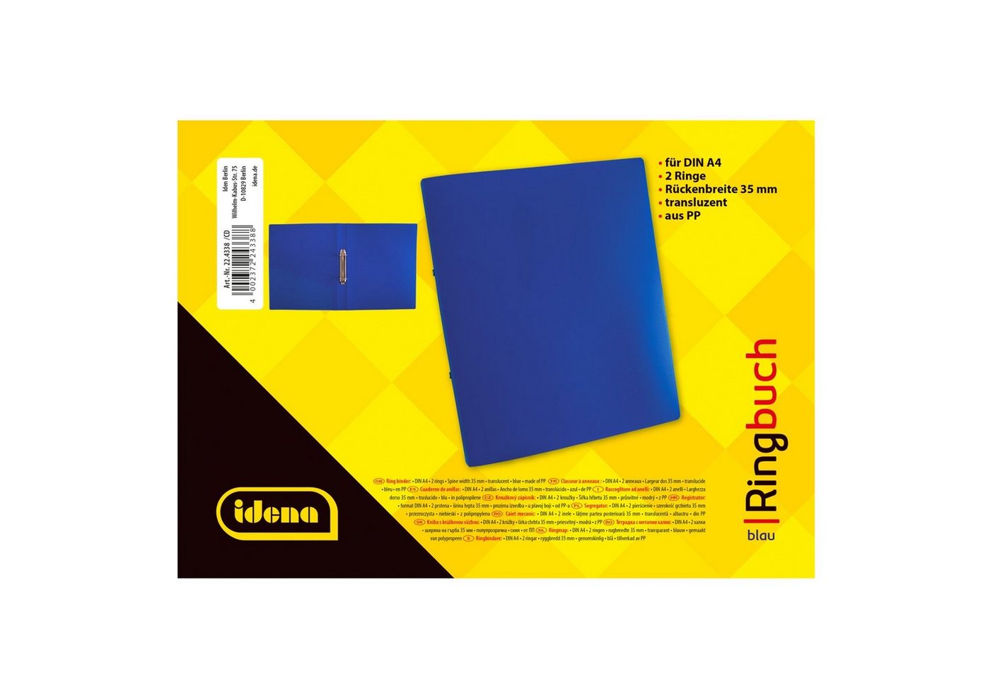 Idena Hefter Idena 224338 - Ringbuch DIN A4, aus PP, 2 Ringe, 35 mm Rückenbreite