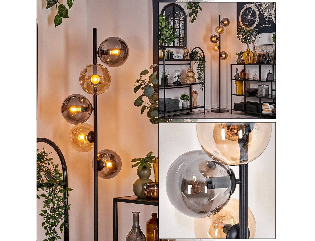 hofstein Stehlampe Stehlampe aus Metall/Glas in Schwarz/Rauchfarben/Bernstein, ohne Leuchtmittel, Leuchte mit Glasschirmen (15cm),Schalter, 5 x E14, ohne Leuchtmittel