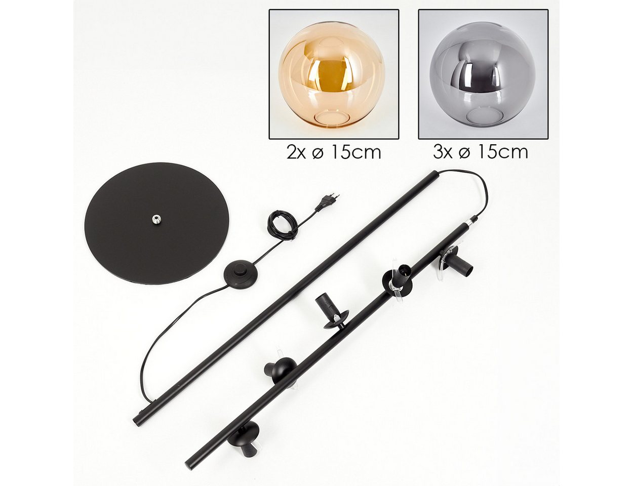 hofstein Stehlampe Stehlampe aus Metall/Glas in Schwarz/Rauchfarben/Bernstein, ohne Leuchtmittel, Leuchte mit Glasschirmen (15cm),Schalter, 5 x E14, ohne Leuchtmittel Bild 3
