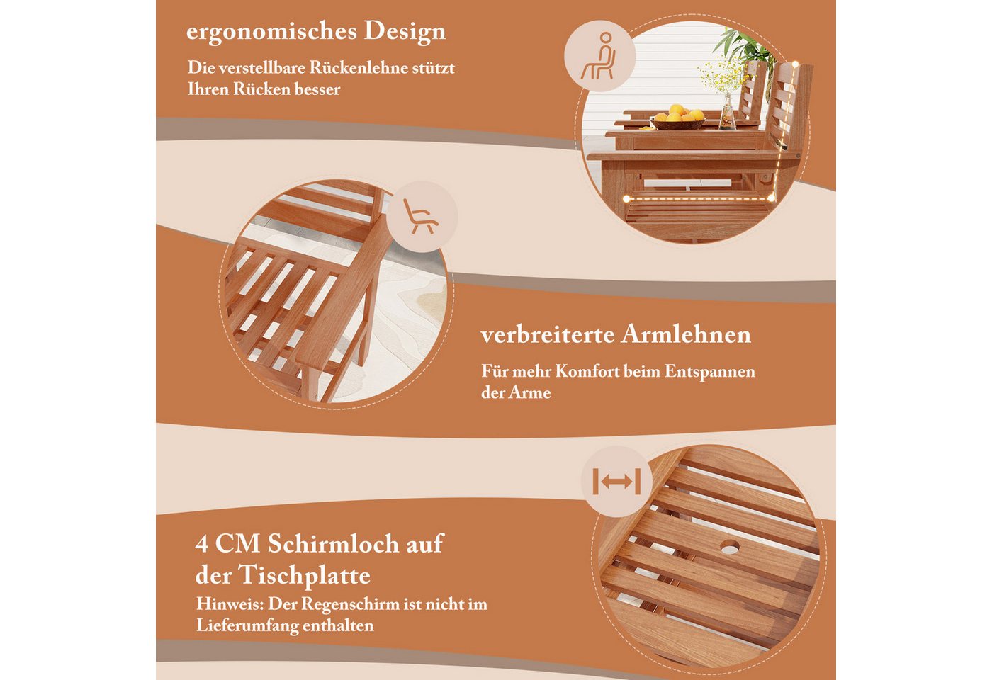 COSTWAY Balkonset, 3er Set, Gartenbank mit Tisch, mit Schirmloch, Holz