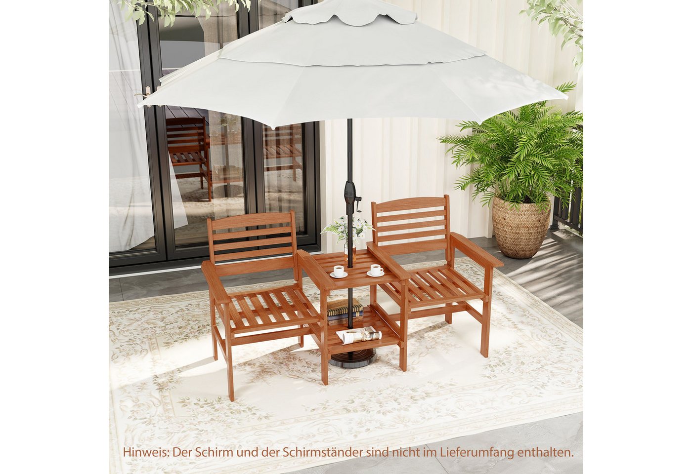 COSTWAY Balkonset, 3er Set, Gartenbank mit Tisch, mit Schirmloch, Holz Bild 2