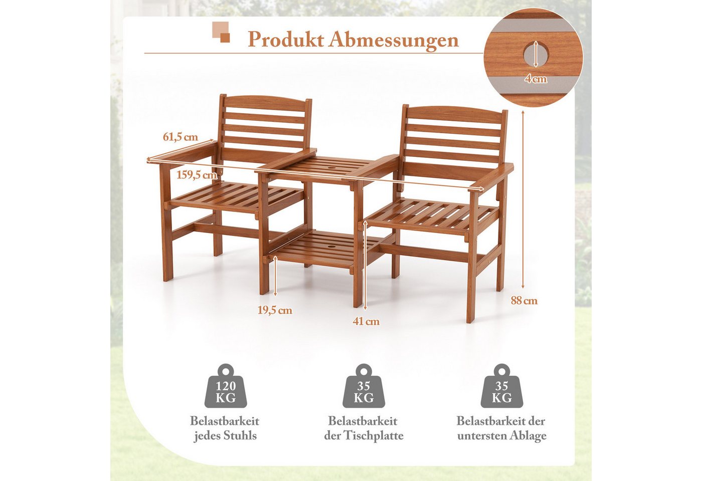 COSTWAY Balkonset, 3er Set, Gartenbank mit Tisch, mit Schirmloch, Holz Bild 3