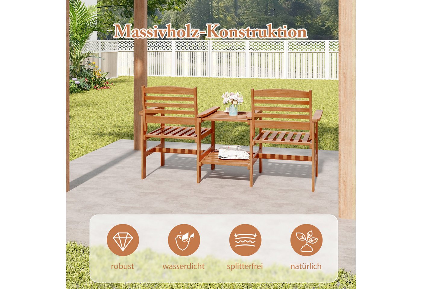 COSTWAY Balkonset, 3er Set, Gartenbank mit Tisch, mit Schirmloch, Holz Bild 4