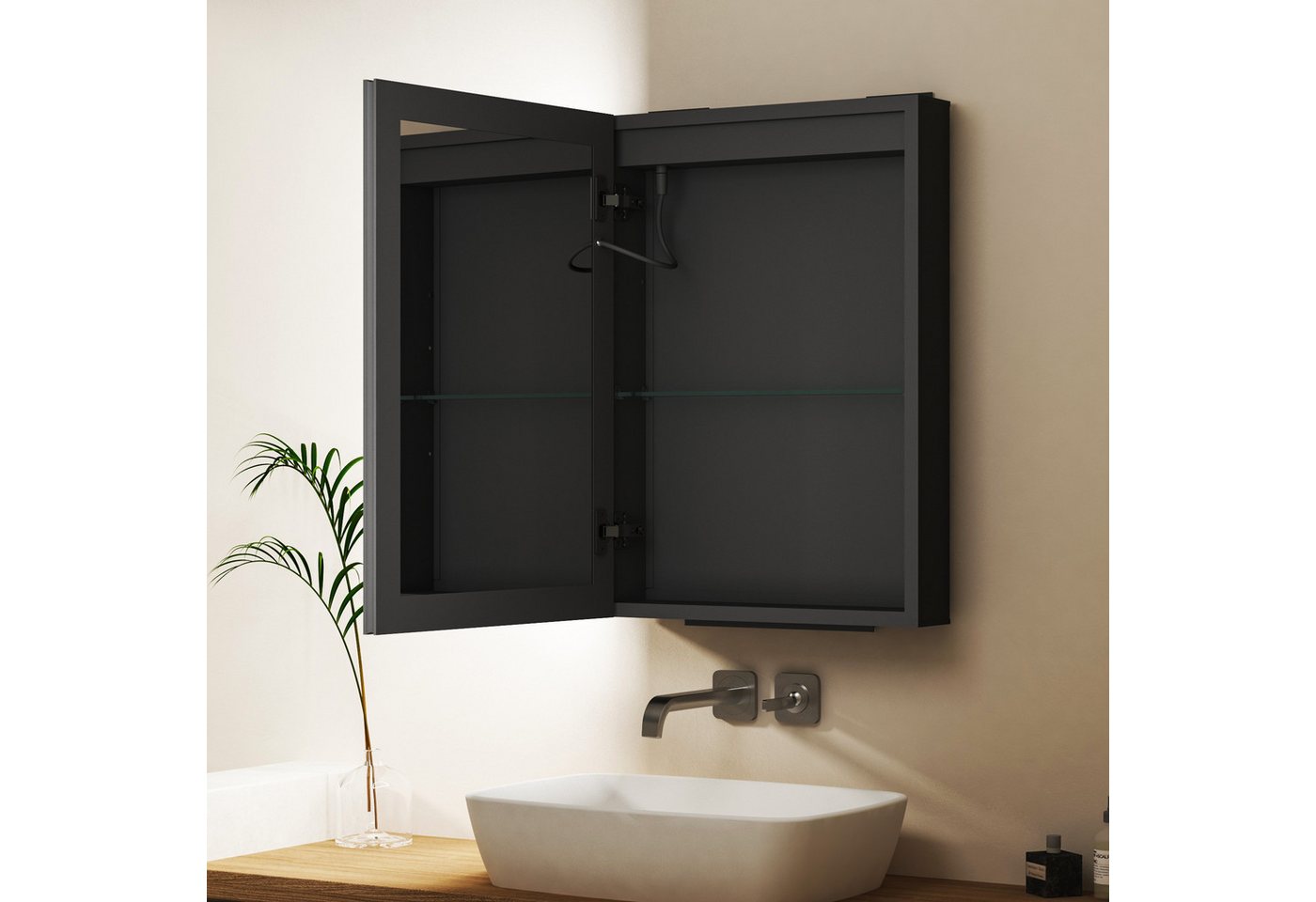 WDWRITTI Spiegelschrank Eckig Aluminium Badschrank Schwarz Wandschrank Hängeschrank (Schrank 2-türig 1-türig, mit Doppelseitiger Spiegel) Verstellbare Glasböden, vormontiert geliefert Bild 2
