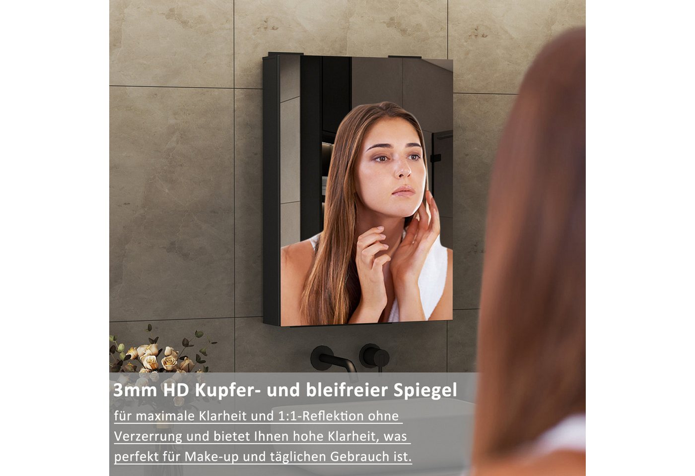 WDWRITTI Spiegelschrank Eckig Aluminium Badschrank Schwarz Wandschrank Hängeschrank (Schrank 2-türig 1-türig, mit Doppelseitiger Spiegel) Verstellbare Glasböden, vormontiert geliefert Bild 3