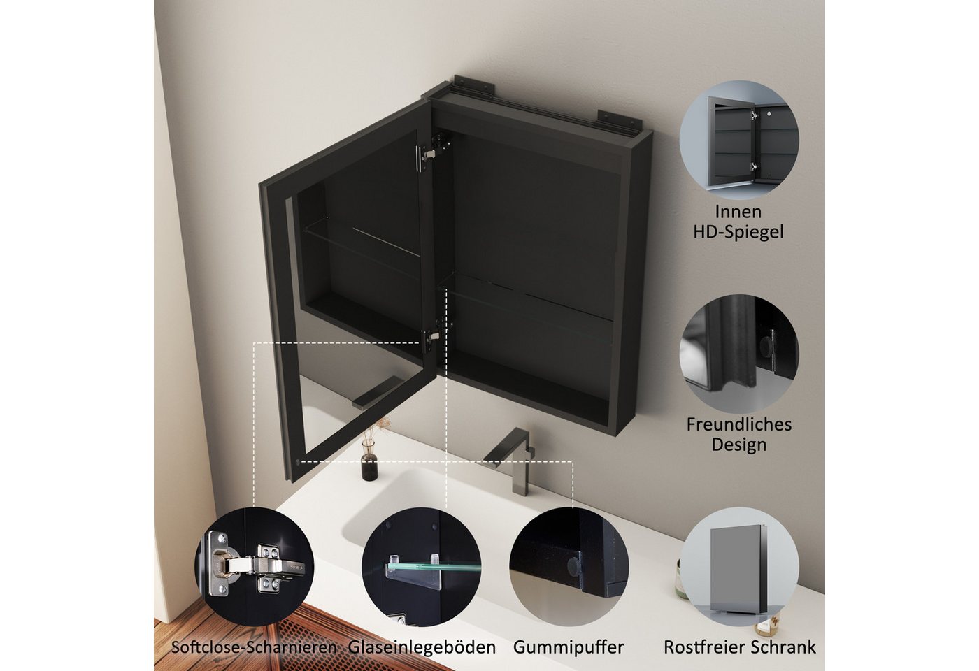 WDWRITTI Spiegelschrank Eckig Aluminium Badschrank Schwarz Wandschrank Hängeschrank (Schrank 2-türig 1-türig, mit Doppelseitiger Spiegel) Verstellbare Glasböden, vormontiert geliefert Bild 4