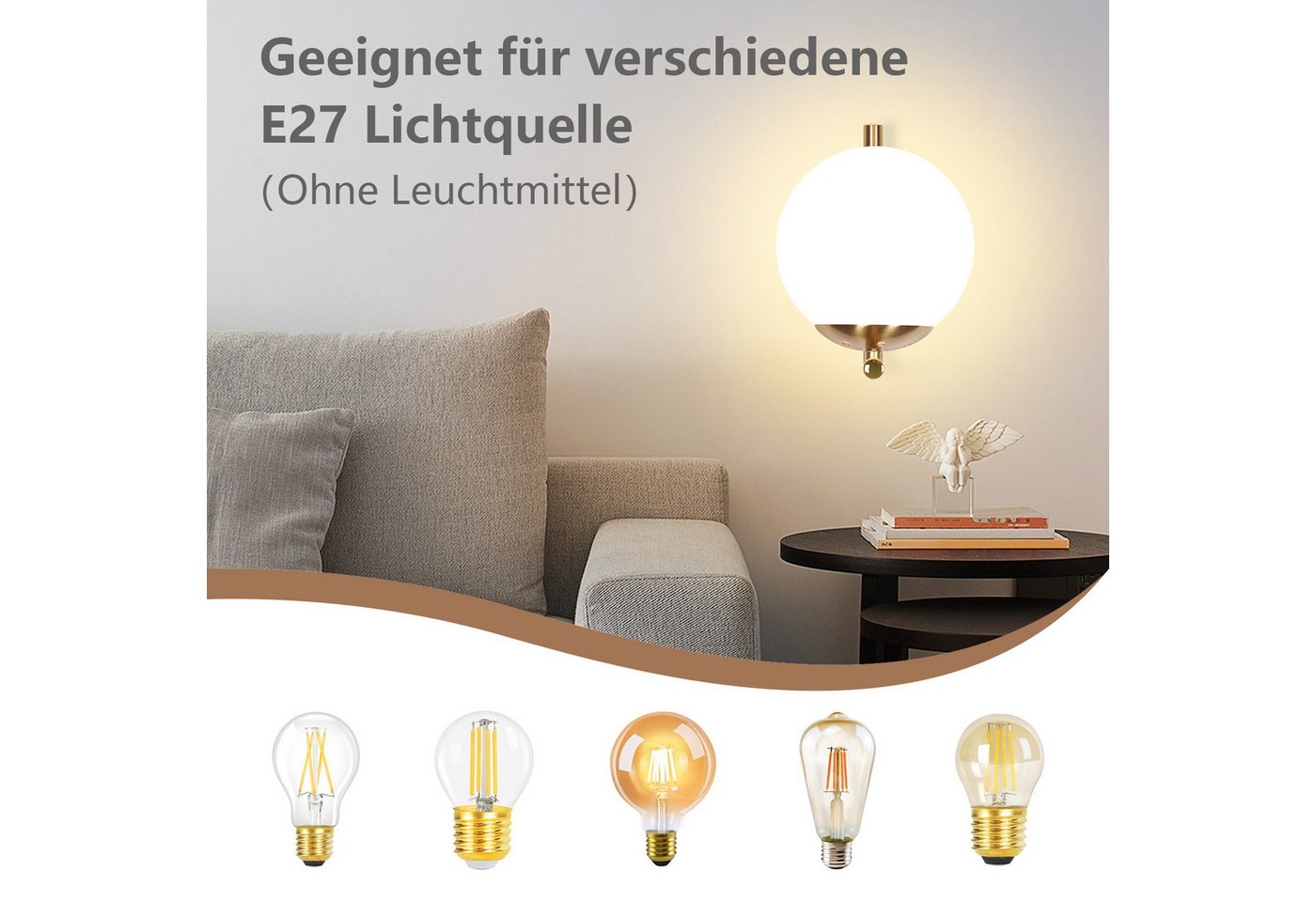 Nettlife Wandleuchte Innen Gold E27 Glaskugel Vintage Wandlampe Schlafzimmer Glasschirm, LED wechselbar, Modern Wandbeleuchtung für Flur Schlafzimmer Treppenhaus Bild 2