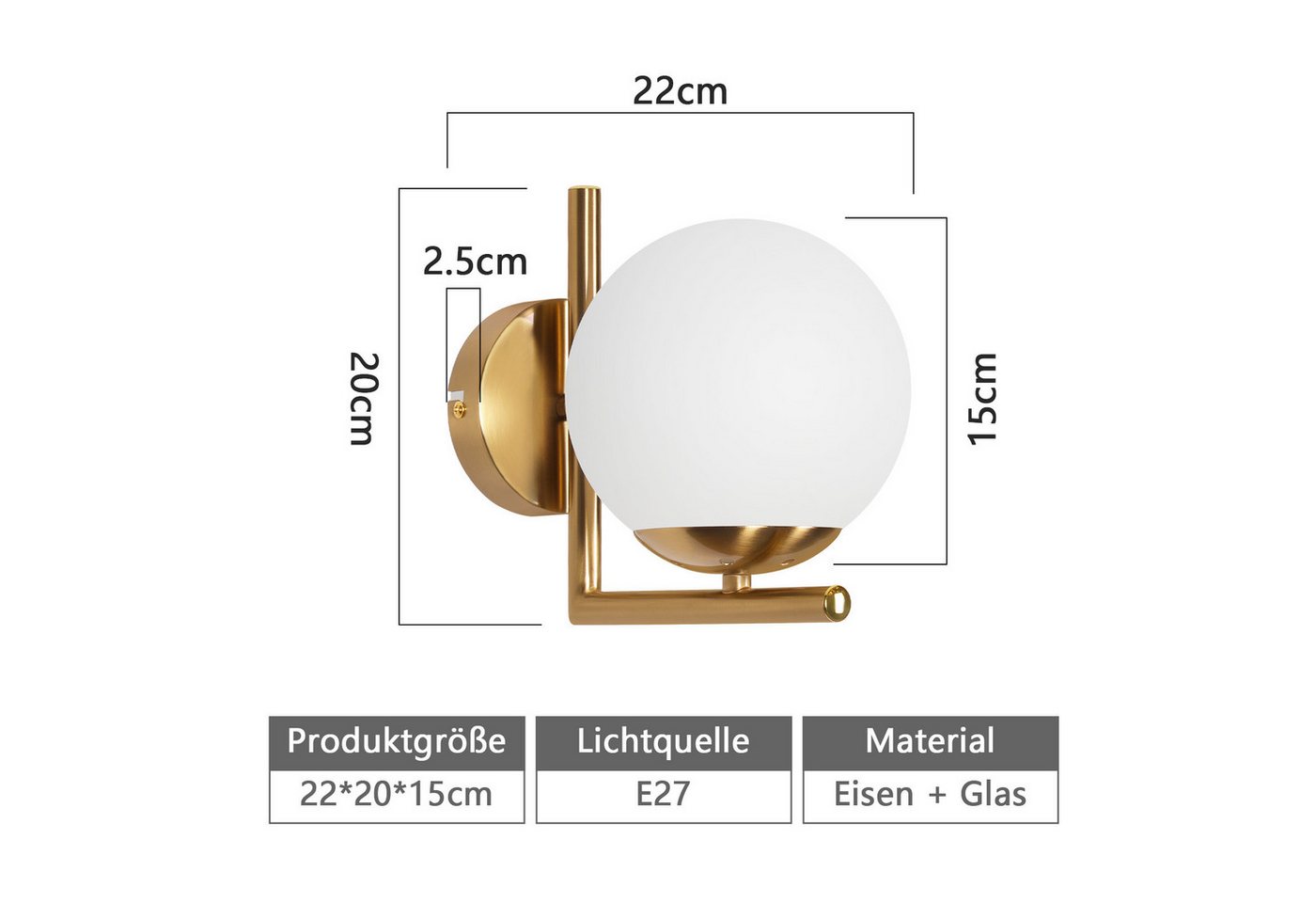Nettlife Wandleuchte Innen Gold E27 Glaskugel Vintage Wandlampe Schlafzimmer Glasschirm, LED wechselbar, Modern Wandbeleuchtung für Flur Schlafzimmer Treppenhaus Bild 3