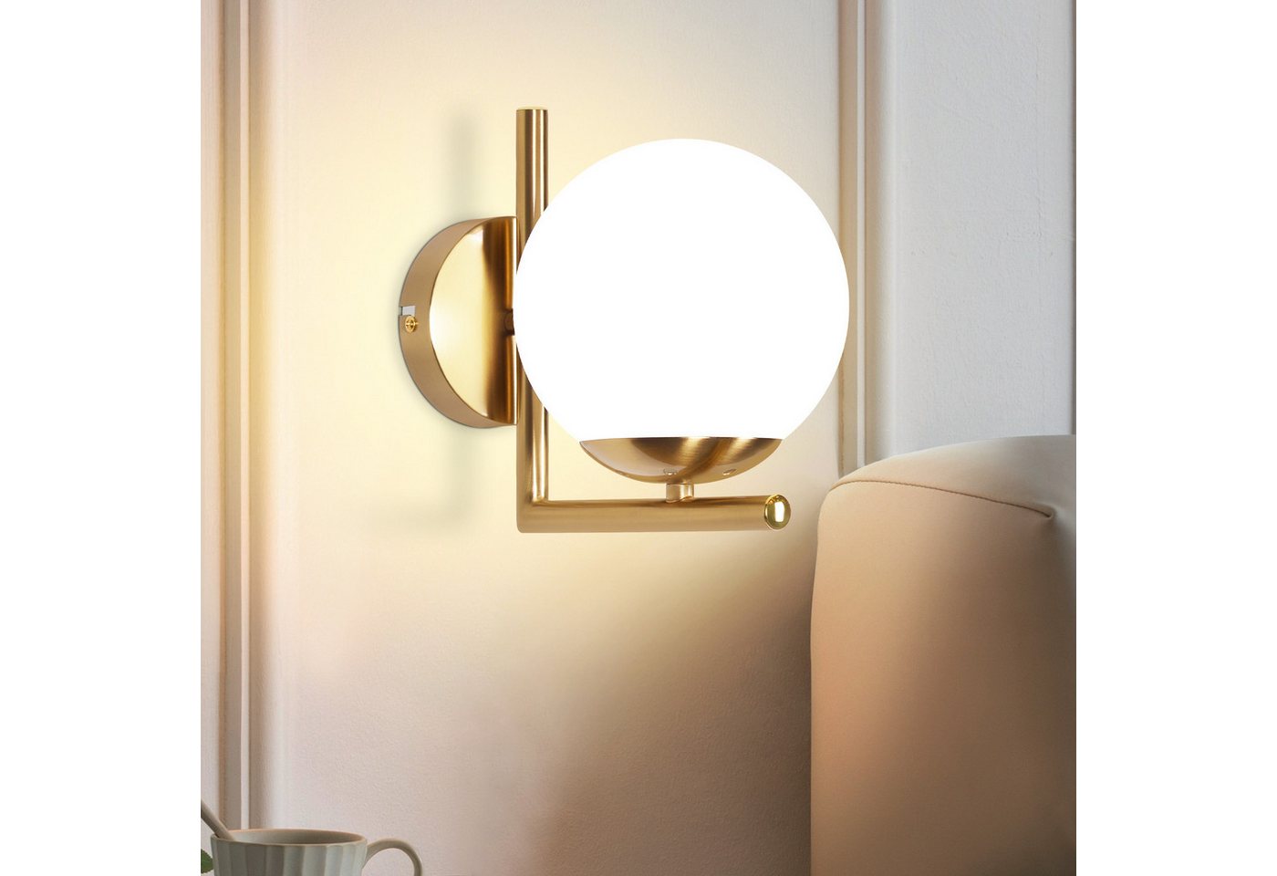 Nettlife Wandleuchte Innen Gold E27 Glaskugel Vintage Wandlampe Schlafzimmer Glasschirm, LED wechselbar, Modern Wandbeleuchtung für Flur Schlafzimmer Treppenhaus Bild 4