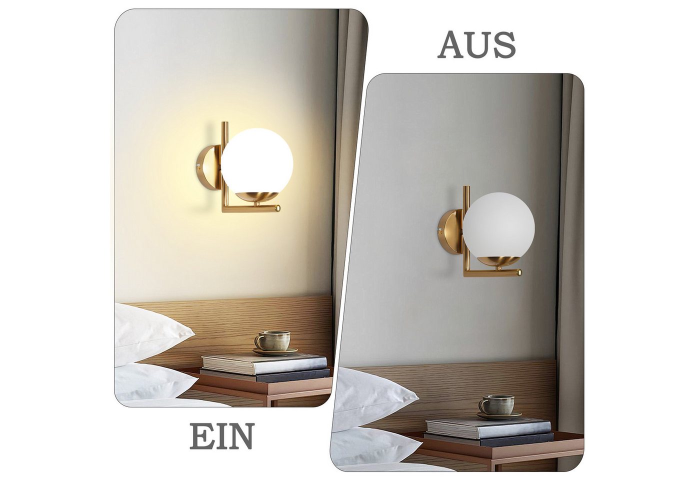 Nettlife Wandleuchte Innen Gold E27 Glaskugel Vintage Wandlampe Schlafzimmer Glasschirm, LED wechselbar, Modern Wandbeleuchtung für Flur Schlafzimmer Treppenhaus Bild 5