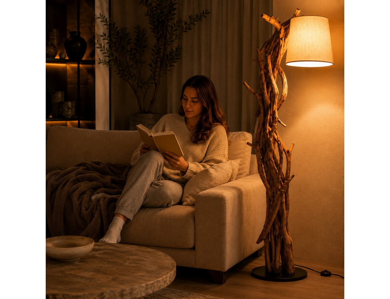 Möbel Bressmer Stehlampe MORGAN Stehlampe holz 185cm,teakholz stehlampe,natürlich Leinenfarbton, ohne Leuchtmittel Bild 2