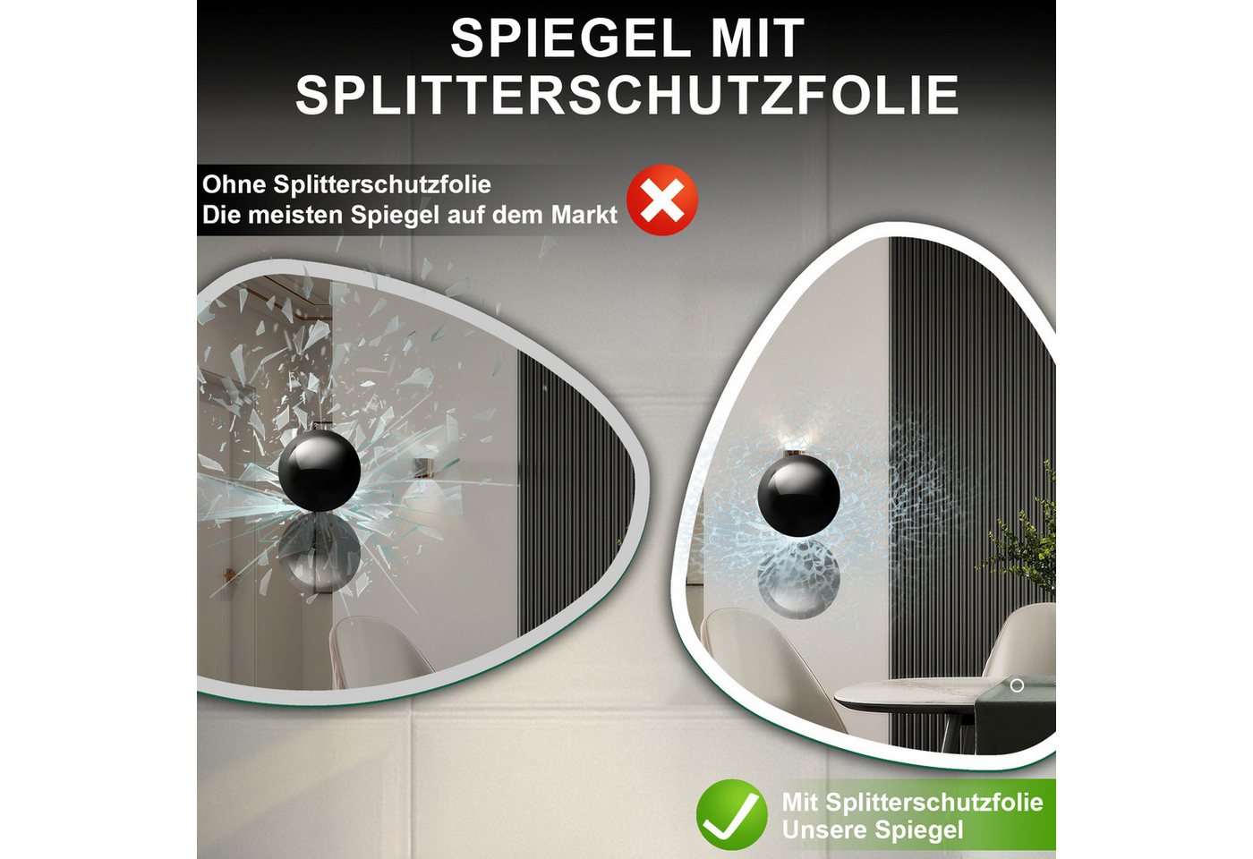 Duschparadies GmbH Badspiegel LED‑Badezimmerspiegel, asymmetrischer Wandspiegel mit 3 Lichtfarben Bild 2