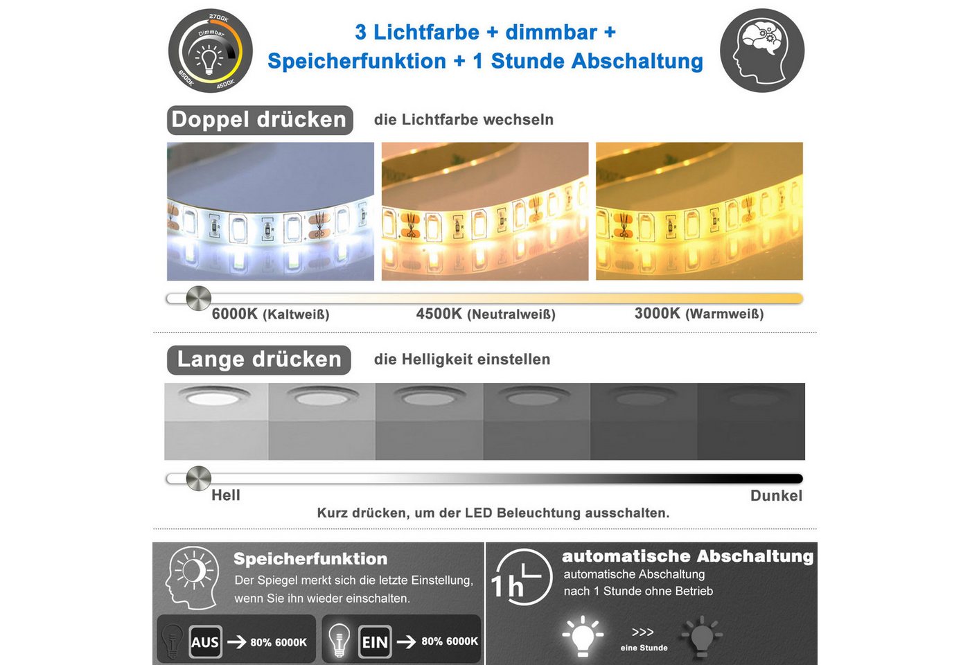 Duschparadies GmbH Badspiegel LED‑Badezimmerspiegel, asymmetrischer Wandspiegel mit 3 Lichtfarben Bild 3