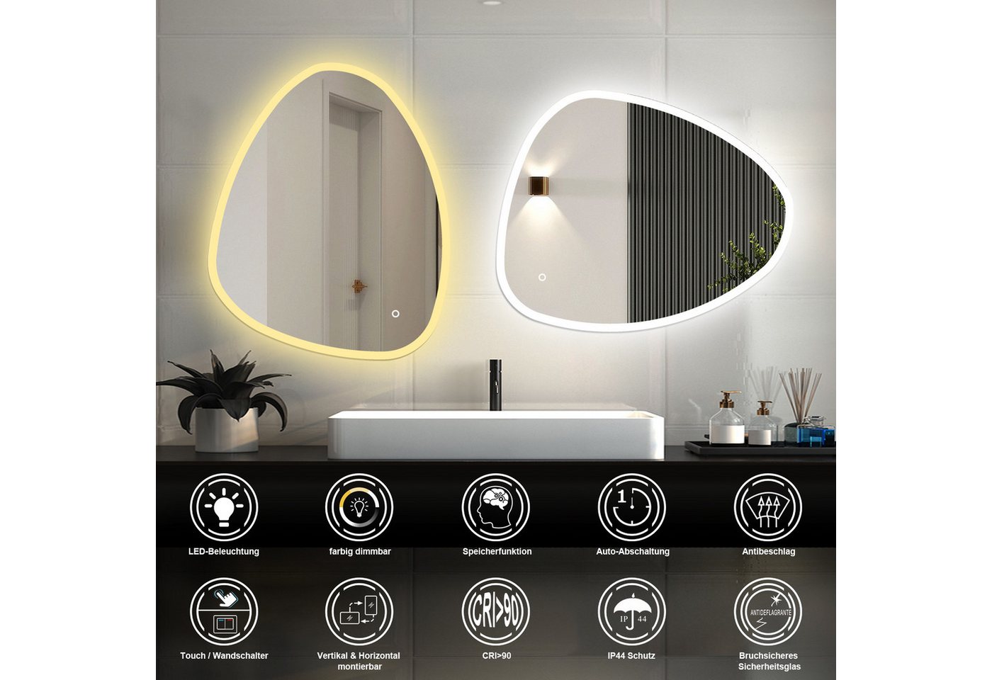 Duschparadies GmbH Badspiegel LED‑Badezimmerspiegel, asymmetrischer Wandspiegel mit 3 Lichtfarben Bild 5