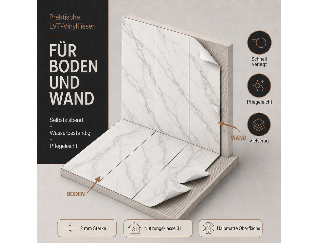 NoblesBox Designboden LVT Vinylboden selbstklebend 2 mm, 60 x 30 cm, für Boden, Wand & DIY, DIY-Renovierung, selbstklebend und leicht zuschneidbar Bild 3