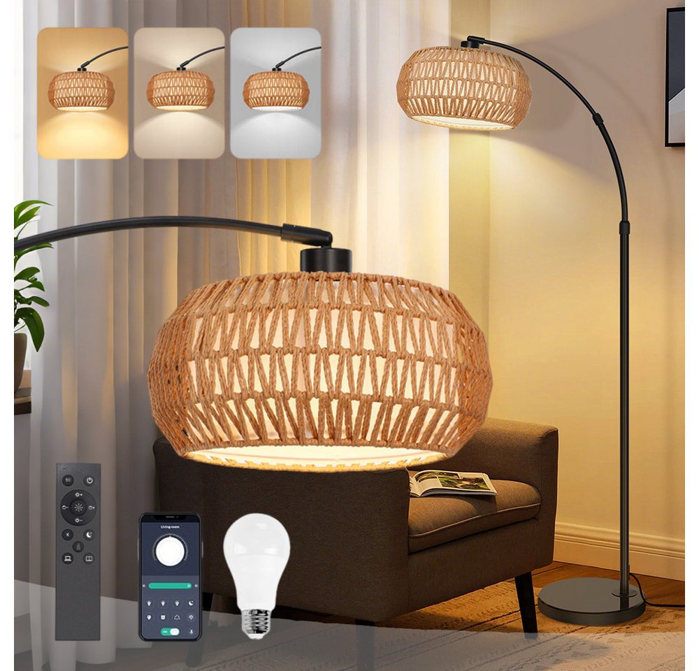 LMaxhome LED Stehlampe mit Fernbedienung Boho Dimmable Standlicht 185cm für Wohnzimmer, Büro, Höhenverstellbarer und 360° drehbarer Lampenarm, LED fest integriert, 3000-6500K, mit Fußschalter und APP-Steuerung, Doppelter Lampenschirm, Fassung E26