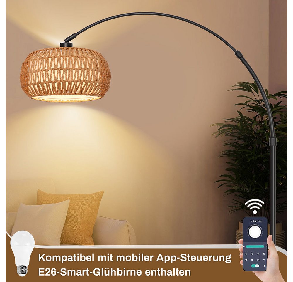 LMaxhome LED Stehlampe mit Fernbedienung Boho Dimmable Standlicht 185cm für Wohnzimmer, Büro, Höhenverstellbarer und 360° drehbarer Lampenarm, LED fest integriert, 3000-6500K, mit Fußschalter und APP-Steuerung, Doppelter Lampenschirm, Fassung E26 Bild 2