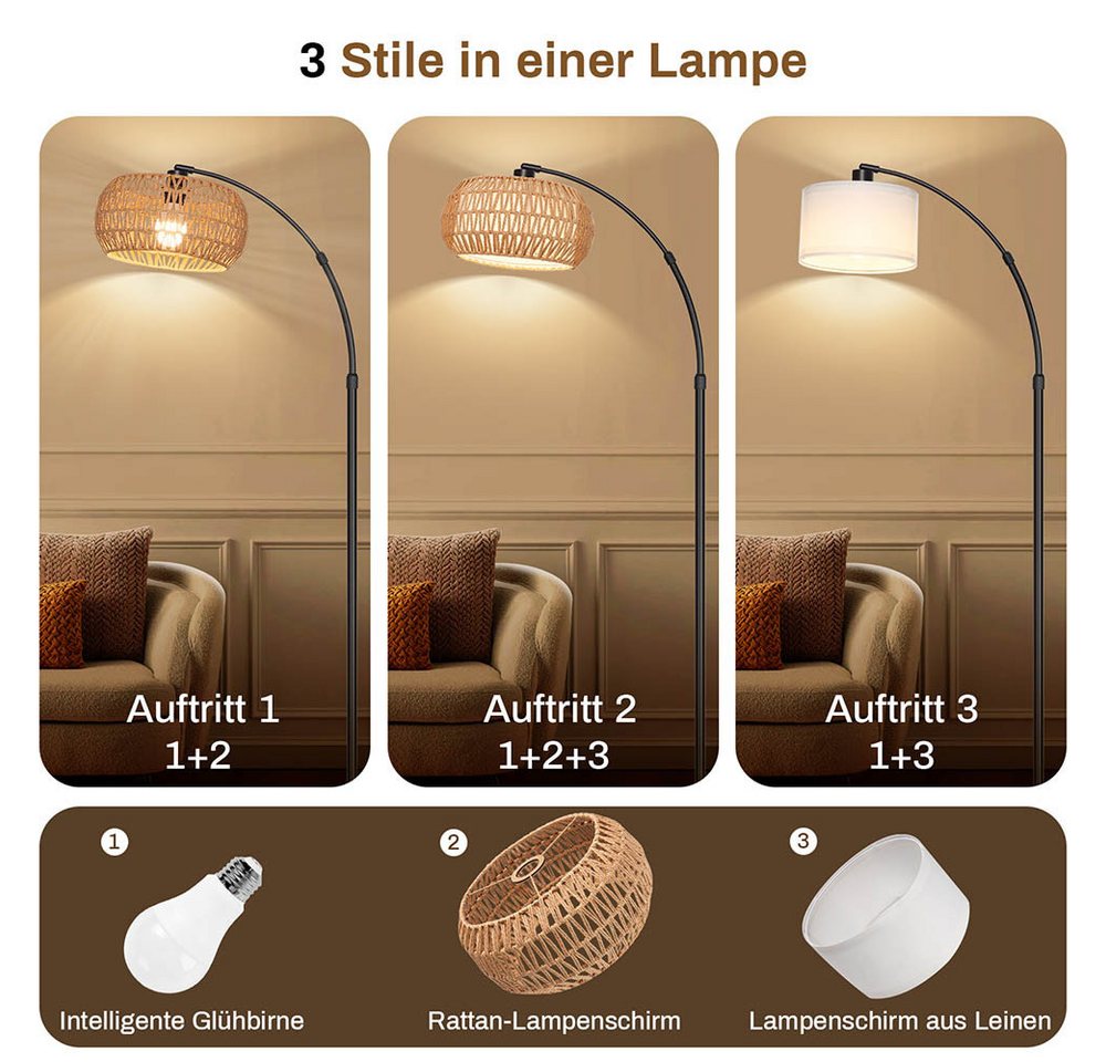 LMaxhome LED Stehlampe mit Fernbedienung Boho Dimmable Standlicht 185cm für Wohnzimmer, Büro, Höhenverstellbarer und 360° drehbarer Lampenarm, LED fest integriert, 3000-6500K, mit Fußschalter und APP-Steuerung, Doppelter Lampenschirm, Fassung E26 Bild 3