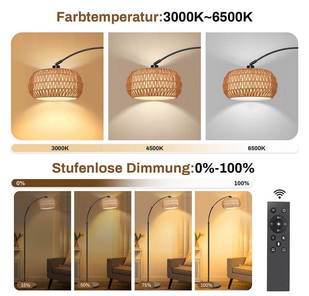 LMaxhome LED Stehlampe mit Fernbedienung Boho Dimmable Standlicht 185cm für Wohnzimmer, Büro, Höhenverstellbarer und 360° drehbarer Lampenarm, LED fest integriert, 3000-6500K, mit Fußschalter und APP-Steuerung, Doppelter Lampenschirm, Fassung E26 Bild 4