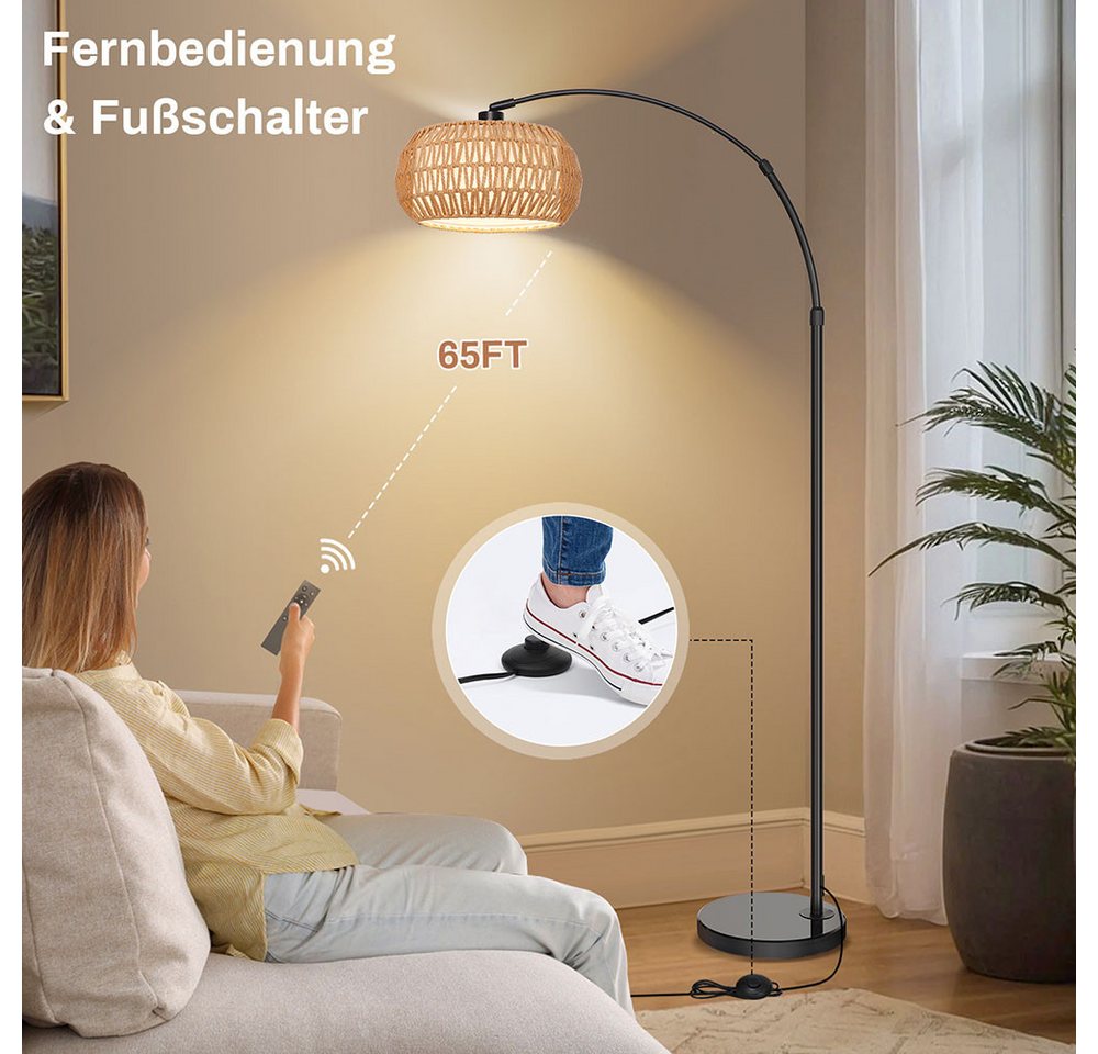 LMaxhome LED Stehlampe mit Fernbedienung Boho Dimmable Standlicht 185cm für Wohnzimmer, Büro, Höhenverstellbarer und 360° drehbarer Lampenarm, LED fest integriert, 3000-6500K, mit Fußschalter und APP-Steuerung, Doppelter Lampenschirm, Fassung E26 Bild 5