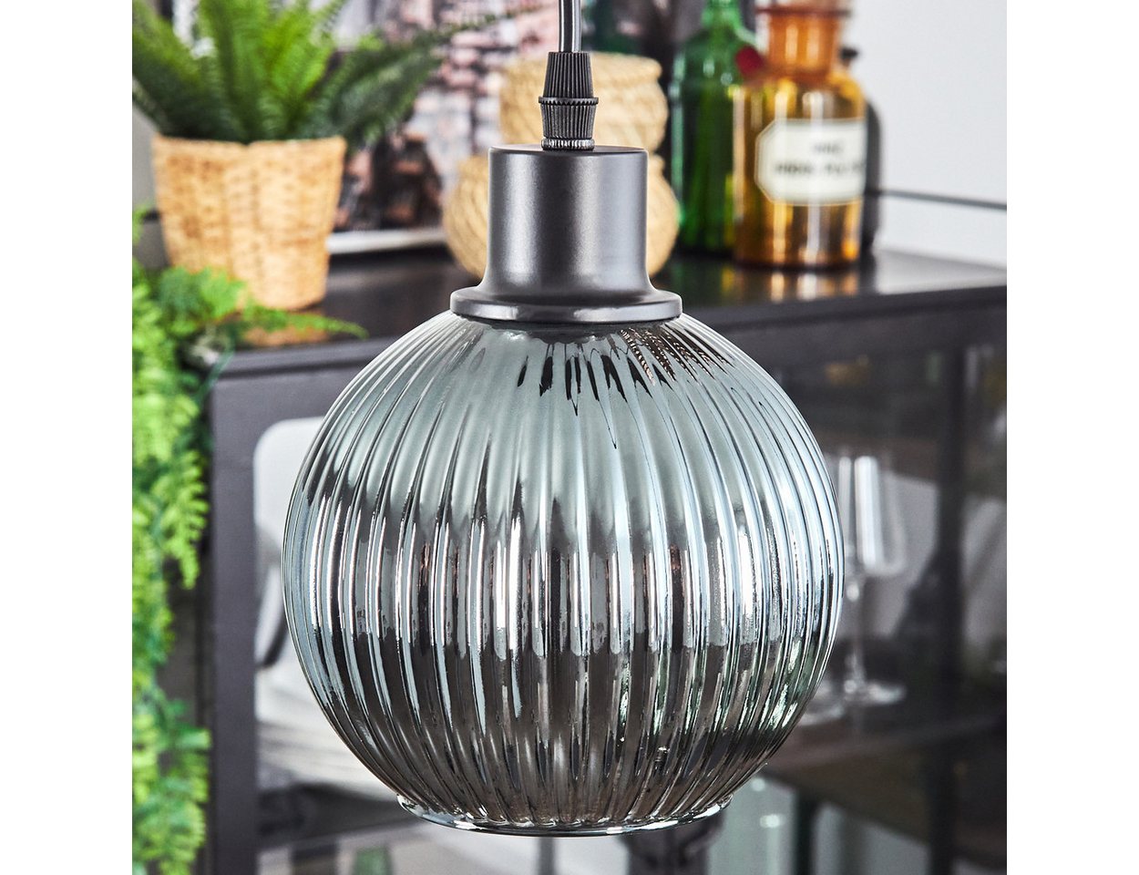 hofstein Hängeleuchte Hängelampe aus Metall/Riffelglas in Schwarz/Grün/Blau/Kupferfarben, ohne Leuchtmittel, Leuchte im modernen Design mit Schirmen aus Glas, max. 119 cm, 3 x E27