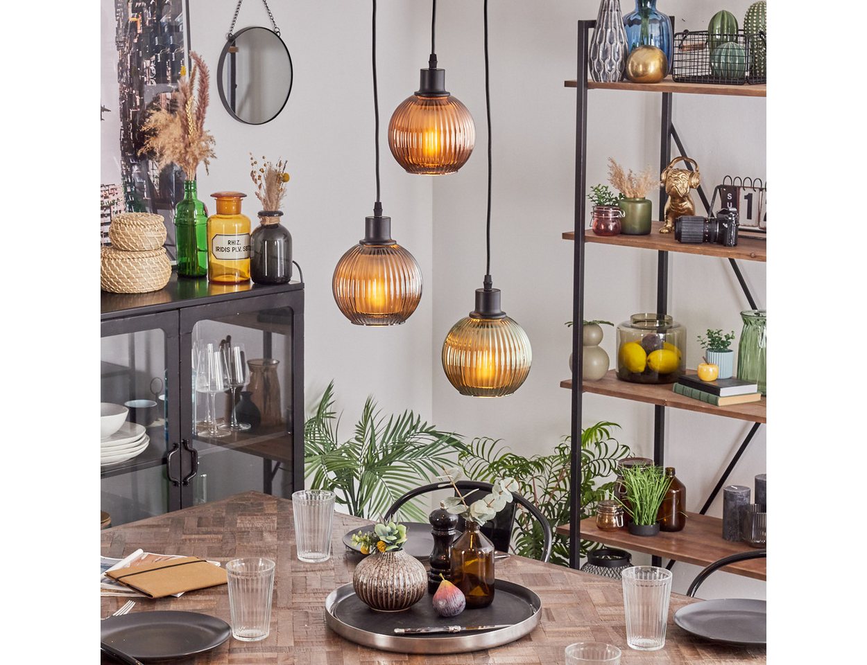 hofstein Hängeleuchte Hängelampe aus Metall/Riffelglas in Schwarz/Grün/Blau/Kupferfarben, ohne Leuchtmittel, Leuchte im modernen Design mit Schirmen aus Glas, max. 119 cm, 3 x E27 Bild 3