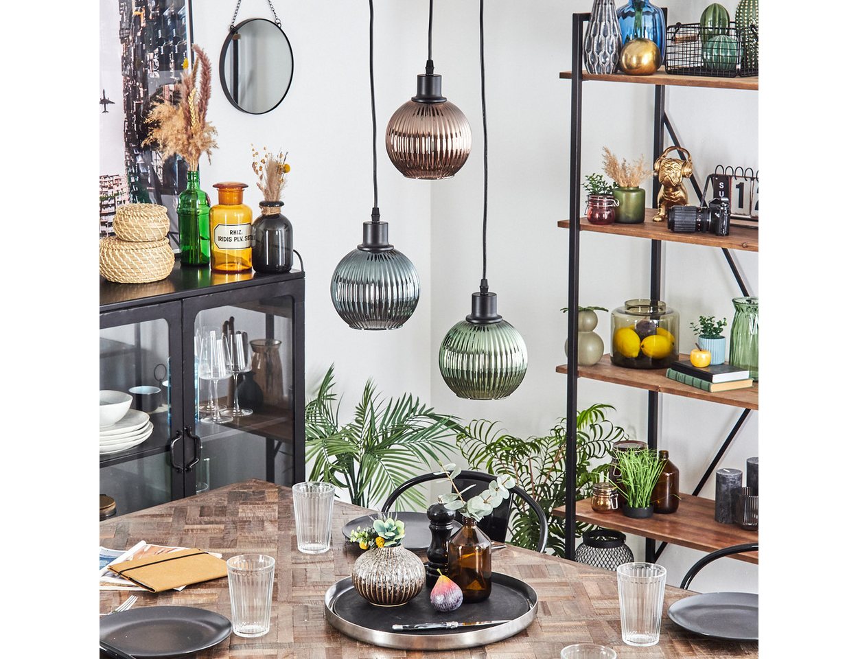 hofstein Hängeleuchte Hängelampe aus Metall/Riffelglas in Schwarz/Grün/Blau/Kupferfarben, ohne Leuchtmittel, Leuchte im modernen Design mit Schirmen aus Glas, max. 119 cm, 3 x E27 Bild 4
