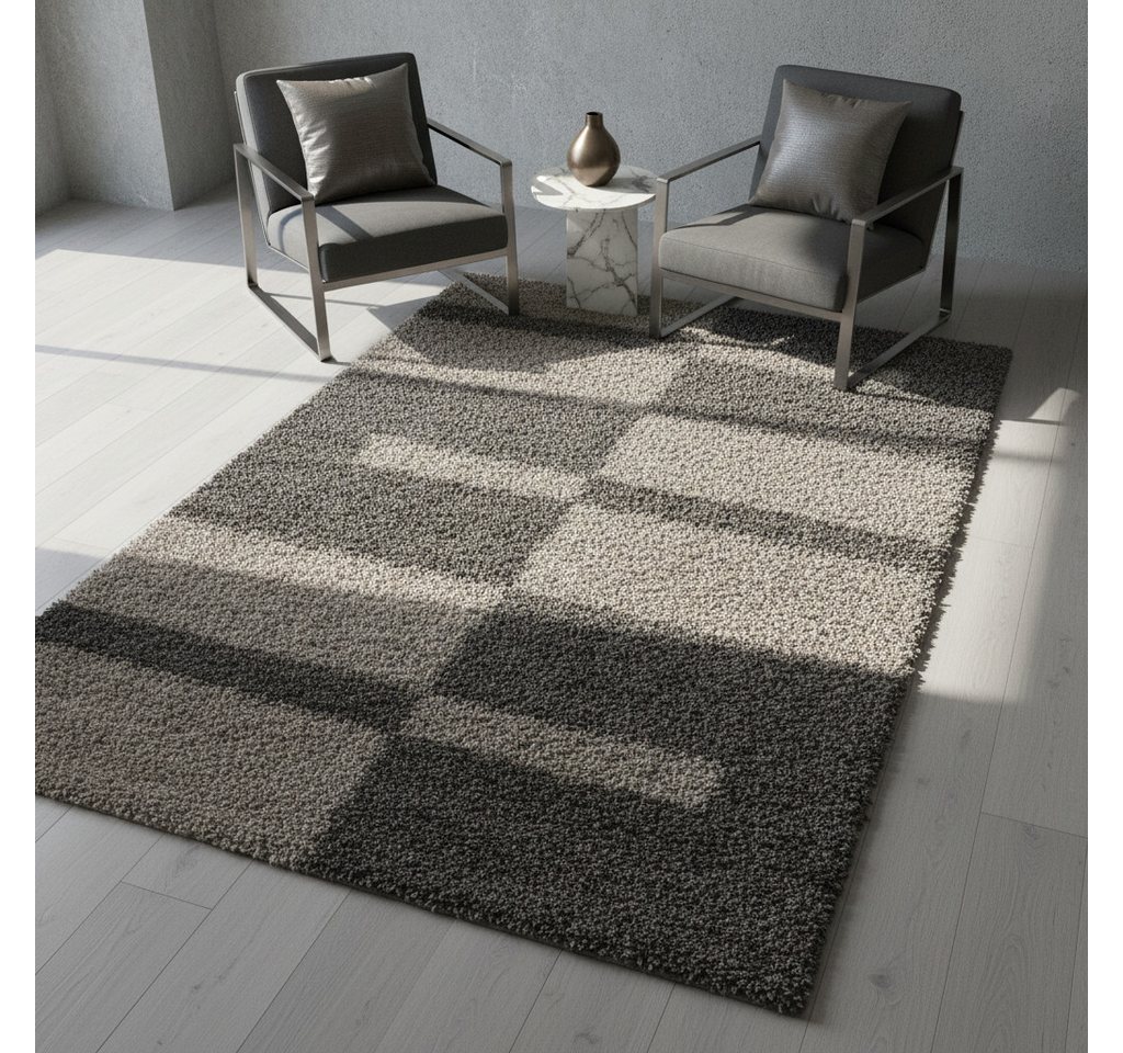 KADIMA DESIGN Teppich WERFEN Shaggy Langflor Wohnzimmer Schlafzimmer Waschbar Kariert, Läufer, Höhe: 32 mm, Taupe, 60x110 cm, Wohnzimmerteppich Esszimmer Strapazierfähig Waschbar Bild 2