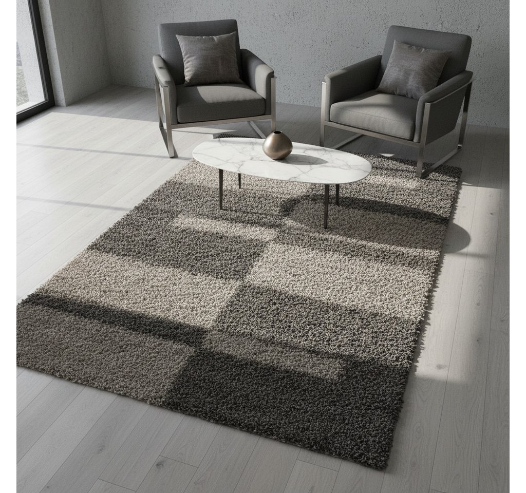 KADIMA DESIGN Teppich WERFEN Shaggy Langflor Wohnzimmer Schlafzimmer Waschbar Kariert, Läufer, Höhe: 32 mm, Taupe, 60x110 cm, Wohnzimmerteppich Esszimmer Strapazierfähig Waschbar Bild 5