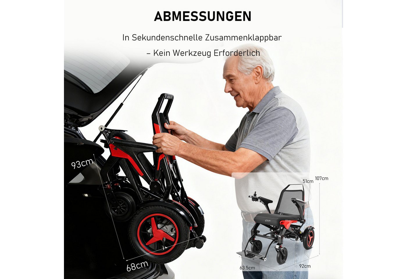Vankel Elektrorollstuhl Kohlefaser-klappbar-leicht elektr Rollstuhl 400W, max.40 km max.150 kg, mit 22kg Gewicht, 12° Steigfähigkeit & 24V 20Ah Akku Bild 3