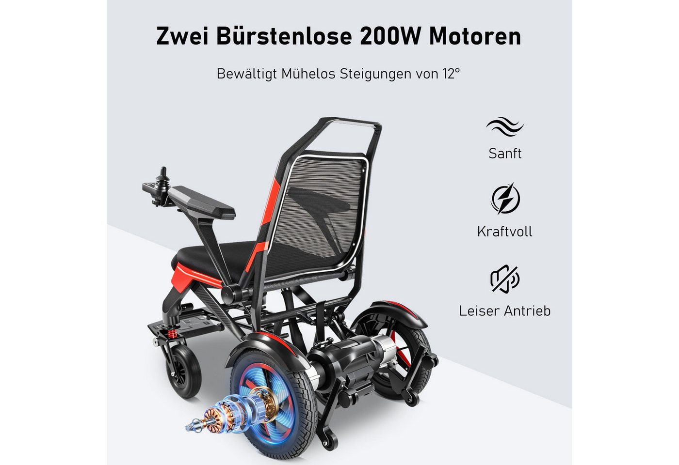 Vankel Elektrorollstuhl Kohlefaser-klappbar-leicht elektr Rollstuhl 400W, max.40 km max.150 kg, mit 22kg Gewicht, 12° Steigfähigkeit & 24V 20Ah Akku Bild 4