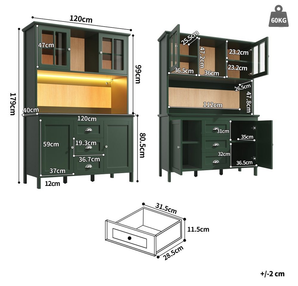 TavilaEcon Küchenbuffet Küchenschränke mit Glastüren und LED-Beleuchtung (1-St) 120 x 40 x 179 cm, grün Bild 2