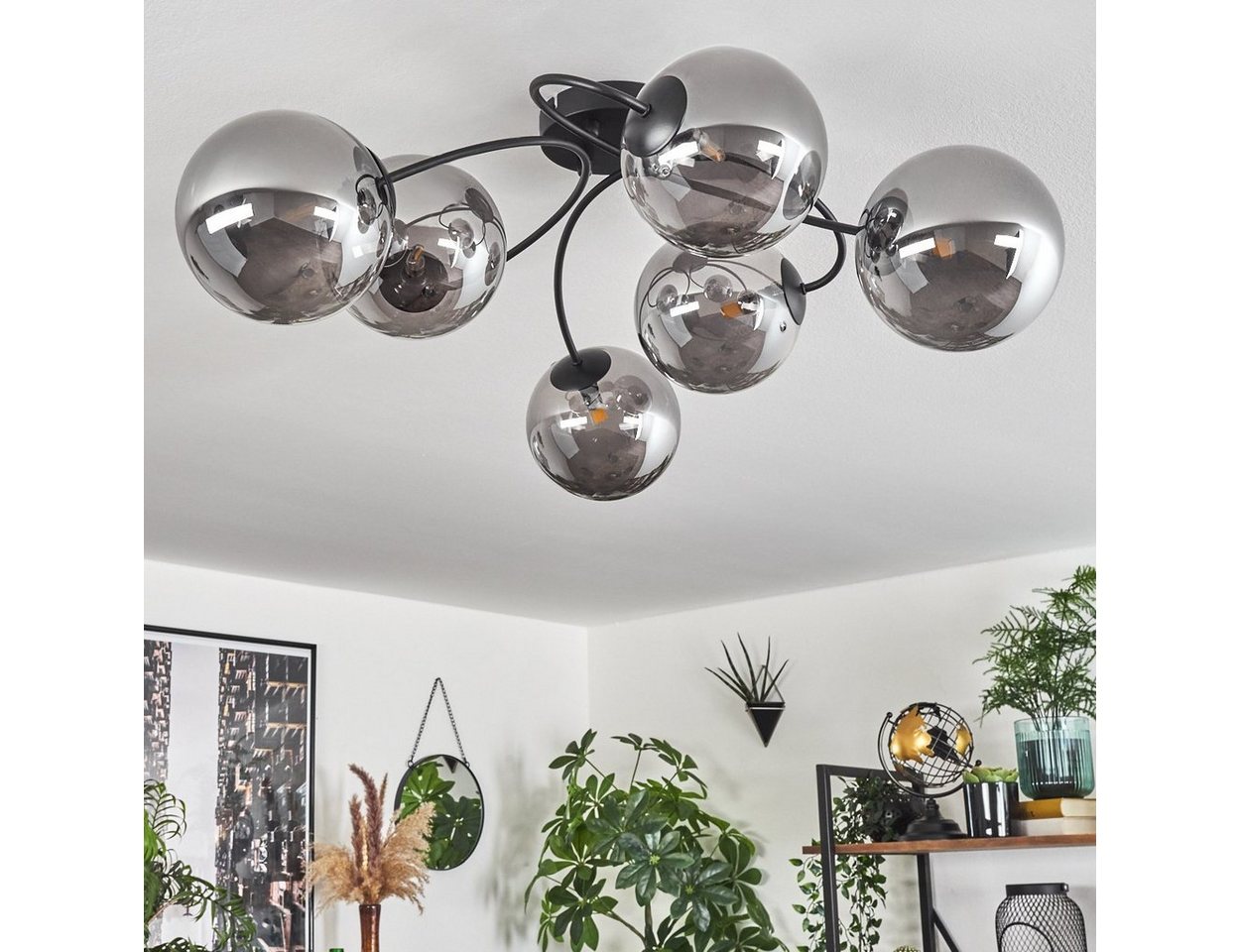 hofstein Deckenleuchte Deckenlampe aus Metall/Glas in Schwarz/Rauchfarben, ohne Leuchtmittel, mit Glasschirmen (15 cm), 6x G9, ohne Leuchtmittel