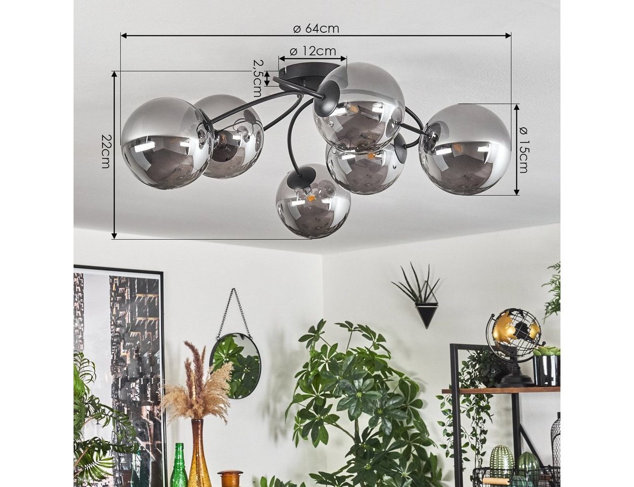 hofstein Deckenleuchte Deckenlampe aus Metall/Glas in Schwarz/Rauchfarben, ohne Leuchtmittel, mit Glasschirmen (15 cm), 6x G9, ohne Leuchtmittel Bild 2