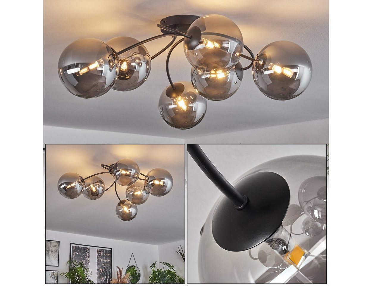 hofstein Deckenleuchte Deckenlampe aus Metall/Glas in Schwarz/Rauchfarben, ohne Leuchtmittel, mit Glasschirmen (15 cm), 6x G9, ohne Leuchtmittel Bild 3